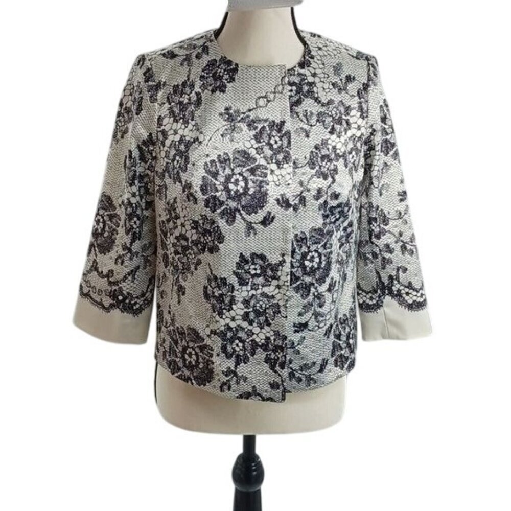 The Limited Womens XS Black White Floral Brocade Jacket Blazer 3/4 Sleeve